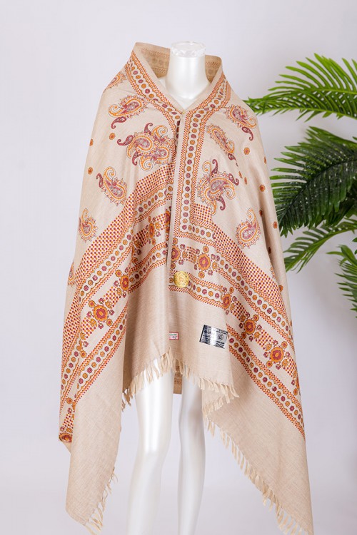 شال كشميري نسائي لون بيج فاتح بنقوش باللون البرتقالي و العودي