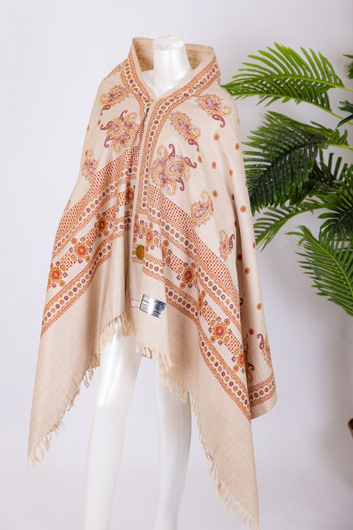 شال كشميري نسائي لون بيج فاتح بنقوش باللون البرتقالي و العودي