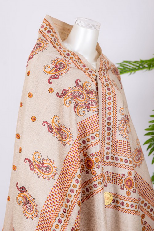 شال كشميري نسائي لون بيج فاتح بنقوش باللون البرتقالي و العودي