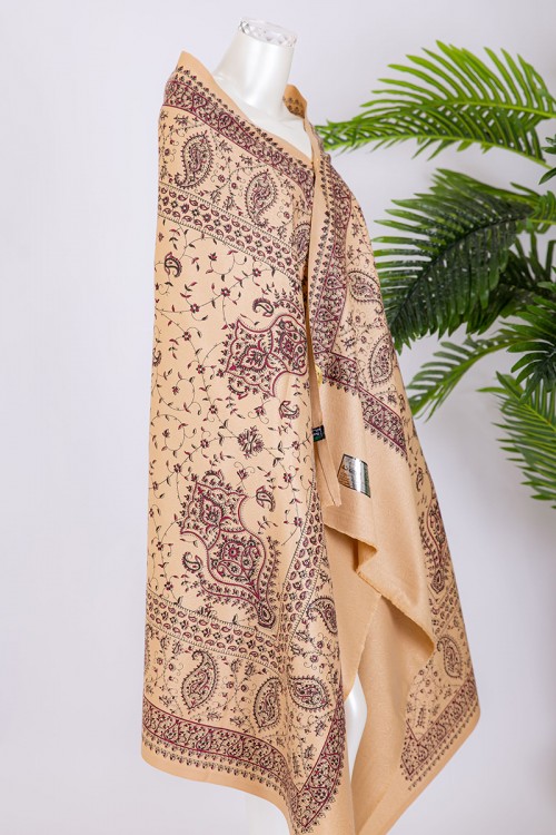 شال كشميري نسائي لون بيج بنقوش باللون الأسود و العودي