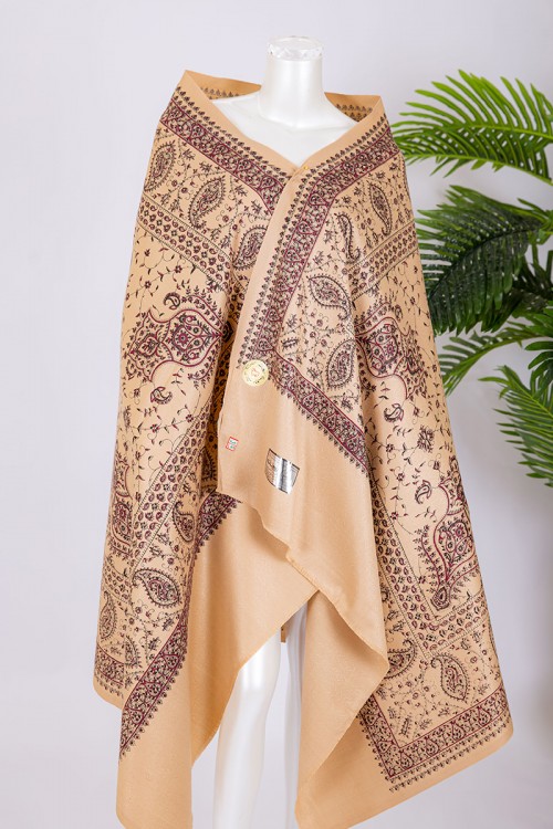 شال كشميري نسائي لون بيج بنقوش باللون الأسود و العودي