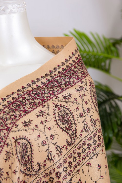 شال كشميري نسائي لون بيج بنقوش باللون الأسود و العودي