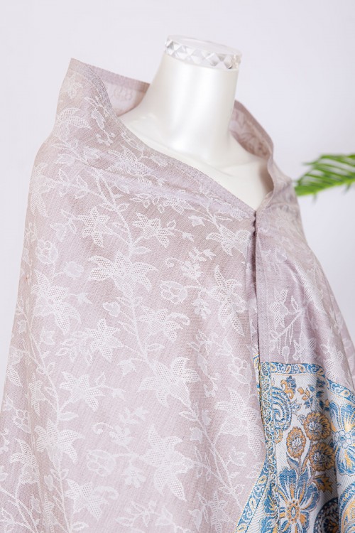 شال كشميري نسائي لون لحمي بنقوش باللون السماوي و الذهبي