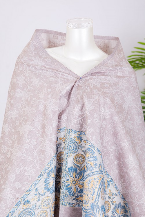 شال كشميري نسائي لون لحمي بنقوش باللون السماوي و الذهبي