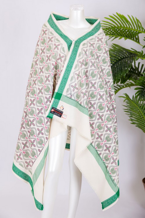 شال كشميري نسائي لون اوف وايت بنقوش باللون الأخضر و الوردي و الأسود