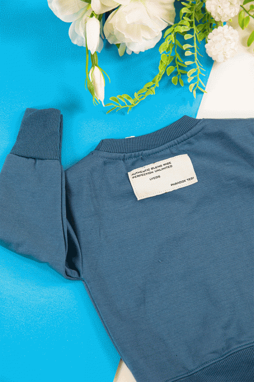 طقم قطعتين ولادي أطفال شتوي لون أزرق بأكمام طويلة و رباط و زم من الخصر