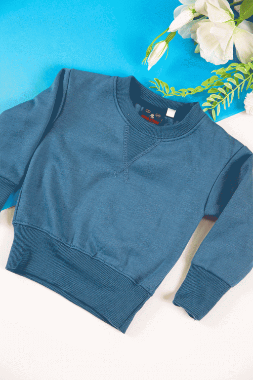 طقم قطعتين ولادي أطفال شتوي لون أزرق بأكمام طويلة و رباط و زم من الخصر