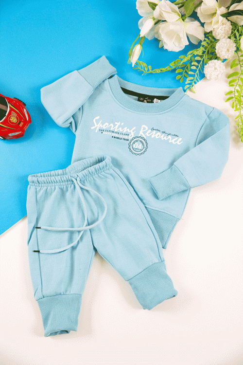 طقم قطعتين ولادي أطفال شتوي لون أزرق بأكمام طويلة و رباط و زم من الخصر