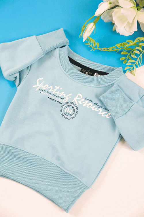 طقم قطعتين ولادي أطفال شتوي لون أزرق بأكمام طويلة و رباط و زم من الخصر