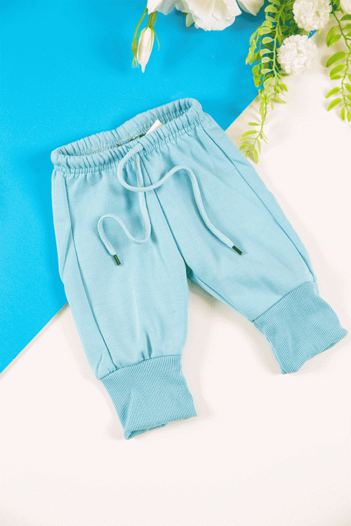 طقم قطعتين ولادي أطفال شتوي لون أزرق بأكمام طويلة و رباط و زم من الخصر