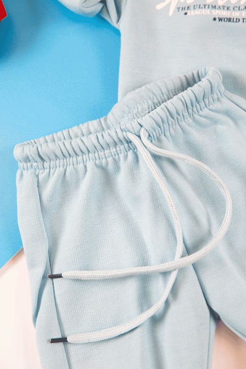 طقم قطعتين ولادي أطفال شتوي لون أزرق بأكمام طويلة و رباط و زم من الخصر