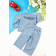 طقم قطعتين ولادي أطفال شتوي لون سماوي مزين بكتابات و أكمام طويلة و رباط و زم من الخصر