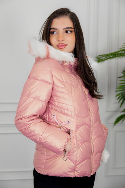 Women s Winter Pink Shiny Puffer Jacket with Detachable Fur Hood Long Sleeve Zipper Front Pockets Drawstring Waist