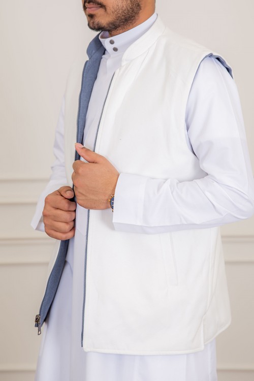 سديري رجالي وجهين دبل فيس لون أبيض و رمادي بجيوب و سحاب من الأمام