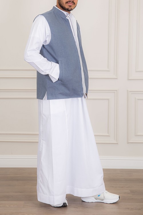 سديري رجالي وجهين دبل فيس لون أبيض و رمادي بجيوب و سحاب من الأمام