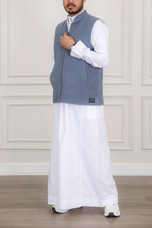 سديري رجالي وجهين دبل فيس لون أبيض و رمادي بجيوب و سحاب من الأمام