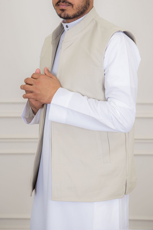 سديري رجالي وجهين دبل فيس لون بيج و اوف وايت بجيوب من الأمام