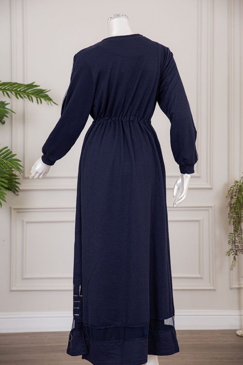 قميص نسائي شتوي طويل لون كحلي بكتابات و رباط بزم من الخصر