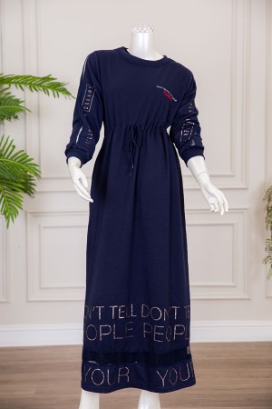 قميص نسائي شتوي طويل لون كحلي بكتابات و رباط بزم من الخصر 