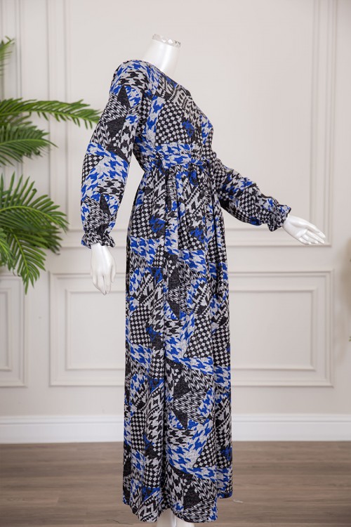 قميص نسائي شتوي طويل بطبعة أشكال مختلفة بأزرار من الأمام و رباط بزم من الخصر