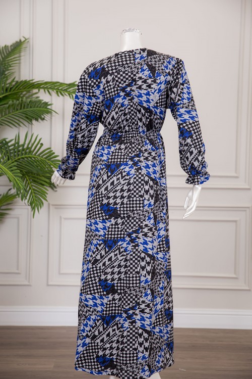 قميص نسائي شتوي طويل بطبعة أشكال مختلفة بأزرار من الأمام و رباط بزم من الخصر