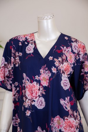 قميص نسائي كلوش لون كحلي مشجر بياقة قصة سبعة ذو أكمام قصيرة