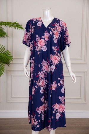 قميص نسائي كلوش لون كحلي مشجر بياقة قصة سبعة ذو أكمام قصيرة