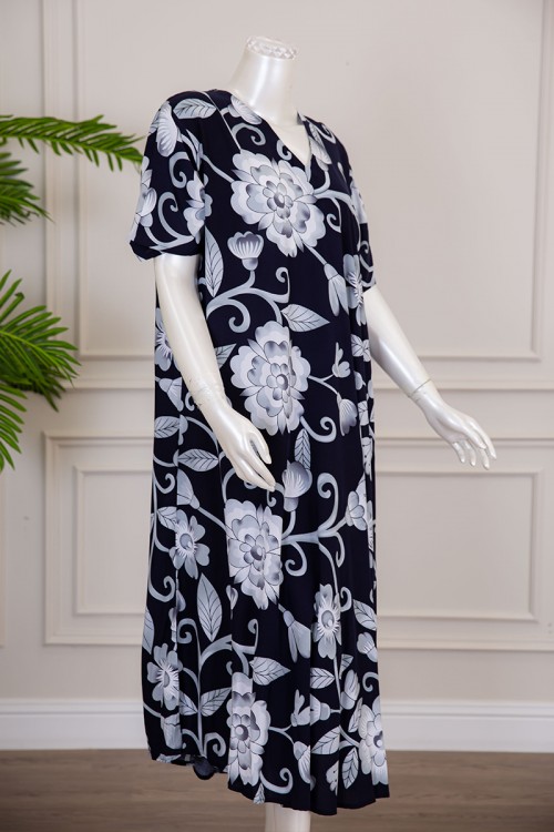 قميص نسائي كلوش لون أسود مشجر بياقة قصة سبعة ذو أكمام قصيرة