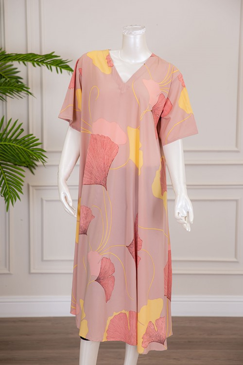 قميص نسائي كلوش لون خربزي بطبعة زهور و بياقة قصة سبعة ذو أكمام قصيرة