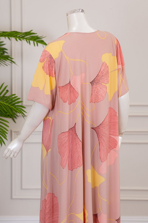 قميص نسائي كلوش لون خربزي بطبعة زهور و بياقة قصة سبعة ذو أكمام قصيرة