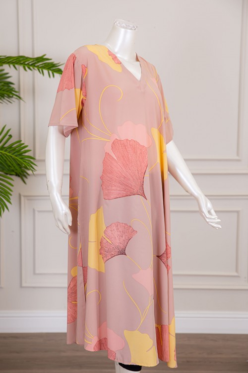 قميص نسائي كلوش لون خربزي بطبعة زهور و بياقة قصة سبعة ذو أكمام قصيرة