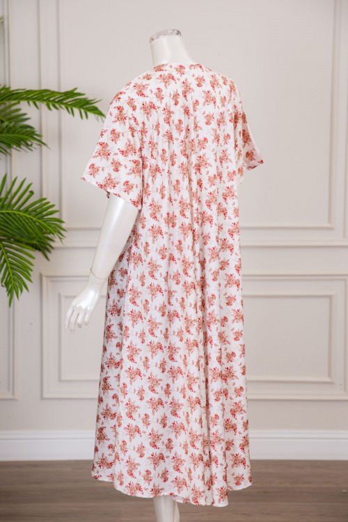 قميص نسائي كلوش لون أبيض مشجر بياقة قصة سبعة ذو أكمام قصيرة