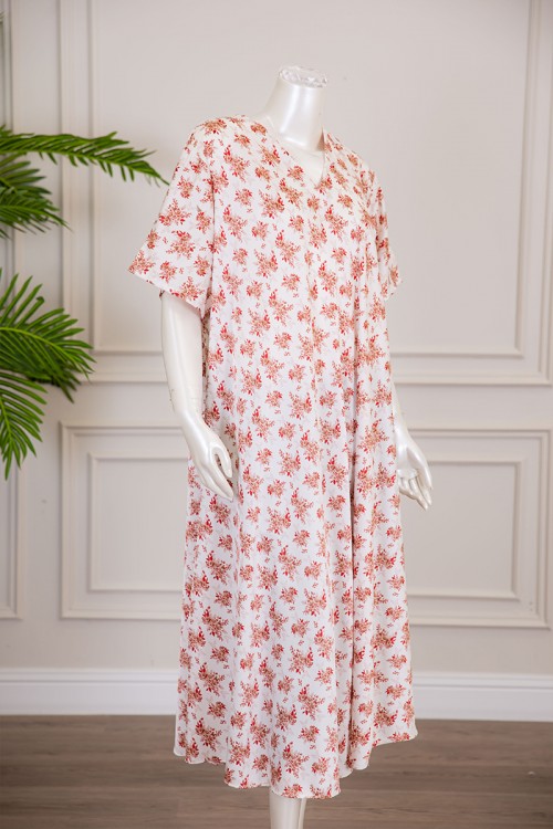 قميص نسائي كلوش لون أبيض مشجر بياقة قصة سبعة ذو أكمام قصيرة