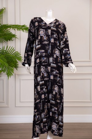 قميص نسائي طويل لون أسود بطبعة زهور و بياقة قصة سبعة ذو أكمام طويلة