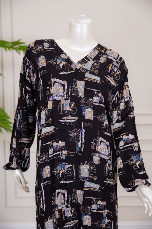 قميص نسائي طويل لون أسود بطبعة زهور و بياقة قصة سبعة ذو أكمام طويلة