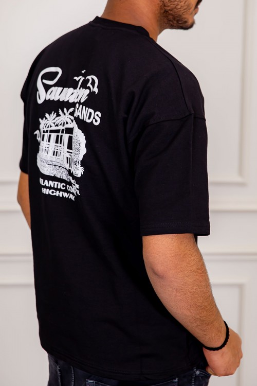 تيشيرت رجالي لون أسود اوفر سايز بكتابات و رسومات من الأمام و الخلف