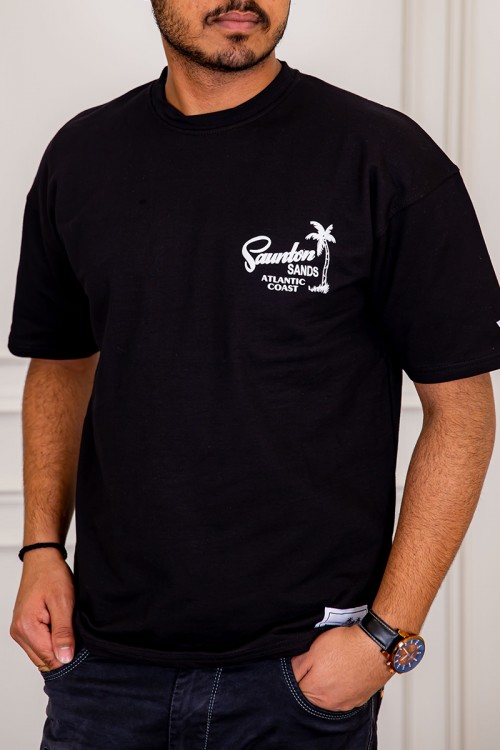 تيشيرت رجالي لون أسود اوفر سايز بكتابات و رسومات من الأمام و الخلف