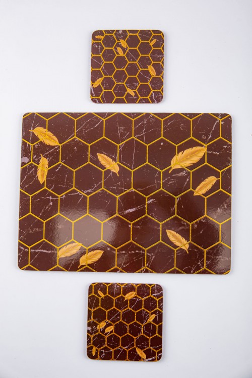 صحن تقديم خشبي ثلاث قطع لون بني مزين باللون الذهبي