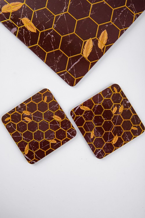 صحن تقديم خشبي ثلاث قطع لون بني مزين باللون الذهبي