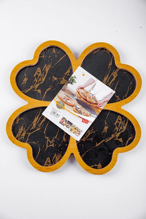 صحن تقديم خشبي لون أسود و ذهبي بأربع تقسيمات