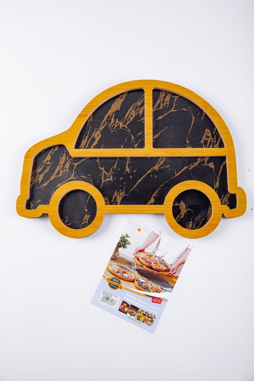 صحن تقديم خشبي لون أسود و ذهبي على شكل سيارة بعدة تقسيمات