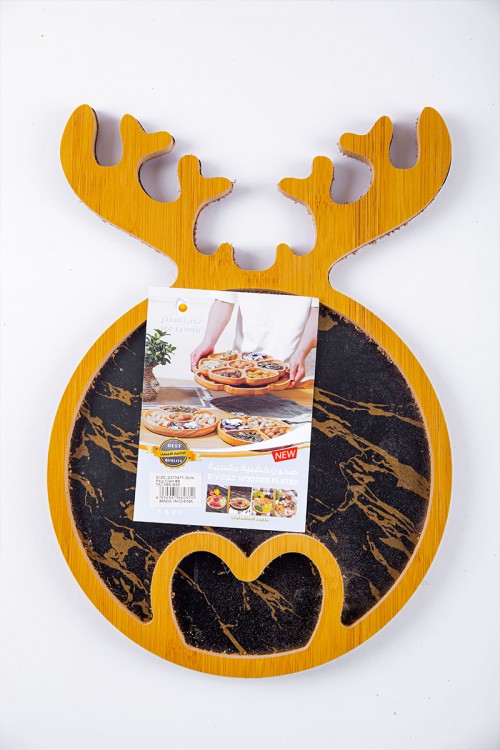 صحن تقديم خشبي لون أسود و ذهبي على شكل سمكة