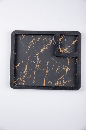 صحن تقديم خشبي لون أسود مزين باللون الذهبي 