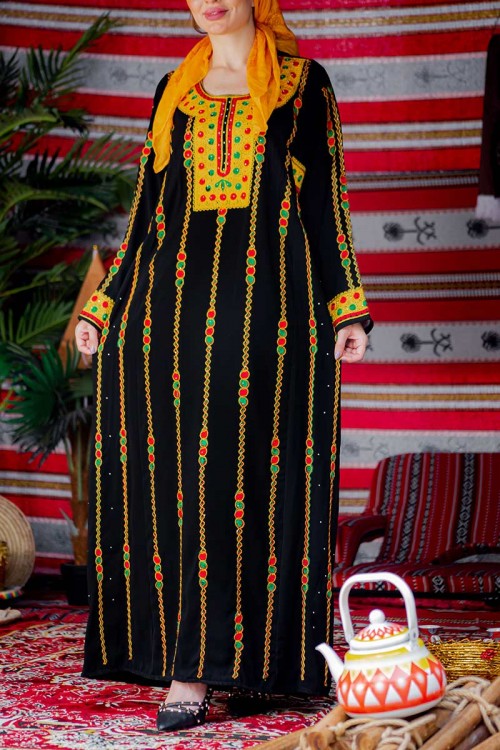 جلابية نسائية عسيري لون أسود بتطريز تراثي ملون