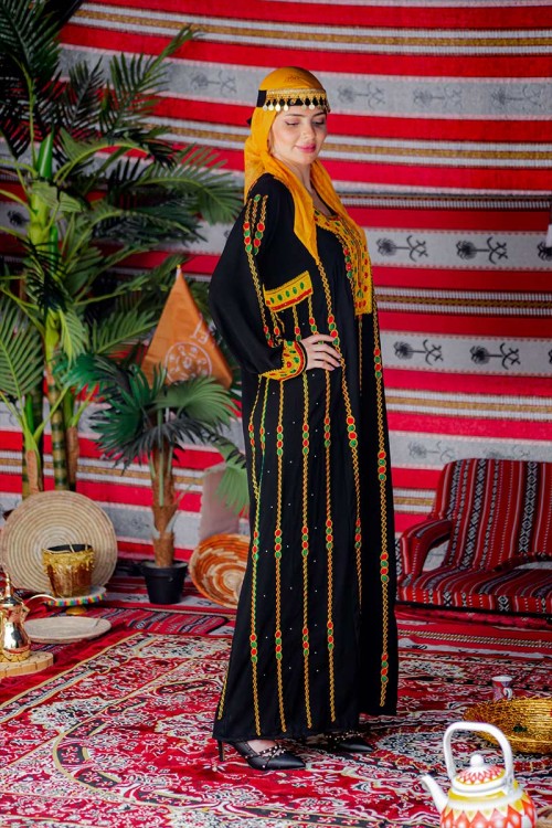 جلابية نسائية عسيري لون أسود بتطريز تراثي ملون