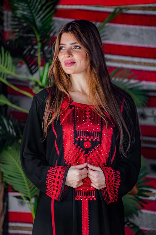 جلابية نسائية عسيري لون أسود بتطريز تراثي ملون