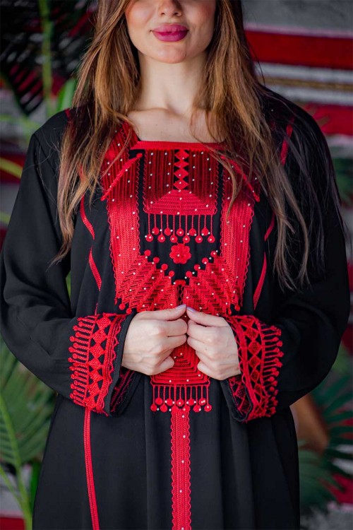 جلابية نسائية عسيري لون أسود بتطريز تراثي ملون