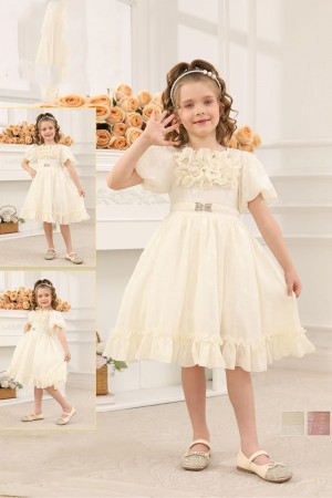 فستان بناتي قصير لون اوف وايت بأكمام قصيرة و بحزام من الخصر 