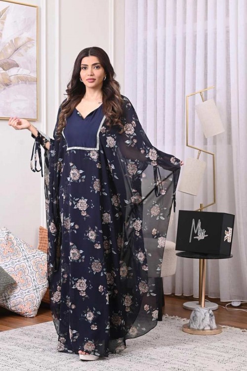 فستان نسائي مخاوير لون كحلي مزين بالورود و برباط من الأكمام