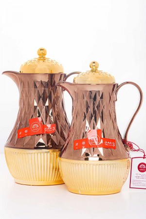 طقم 2 ترامس للقهوة و الشاي لون بني و ذهبي حافظ للحرارة بسعة 1.6 لتر 